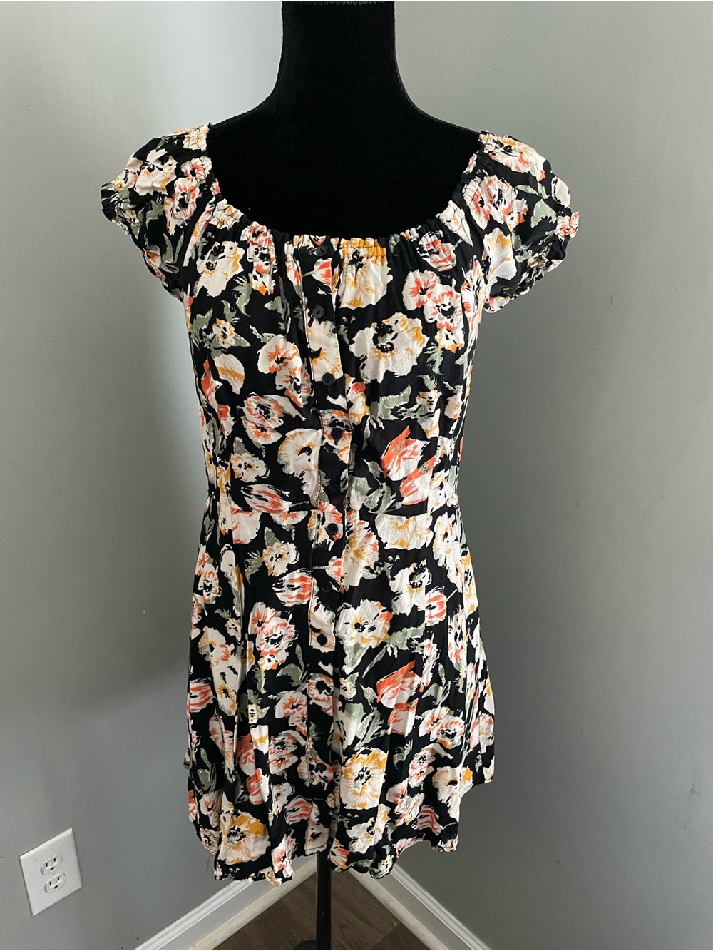 Free People Italian Breeze Black Floral Mini Dress with Peach & Cream Blooms
